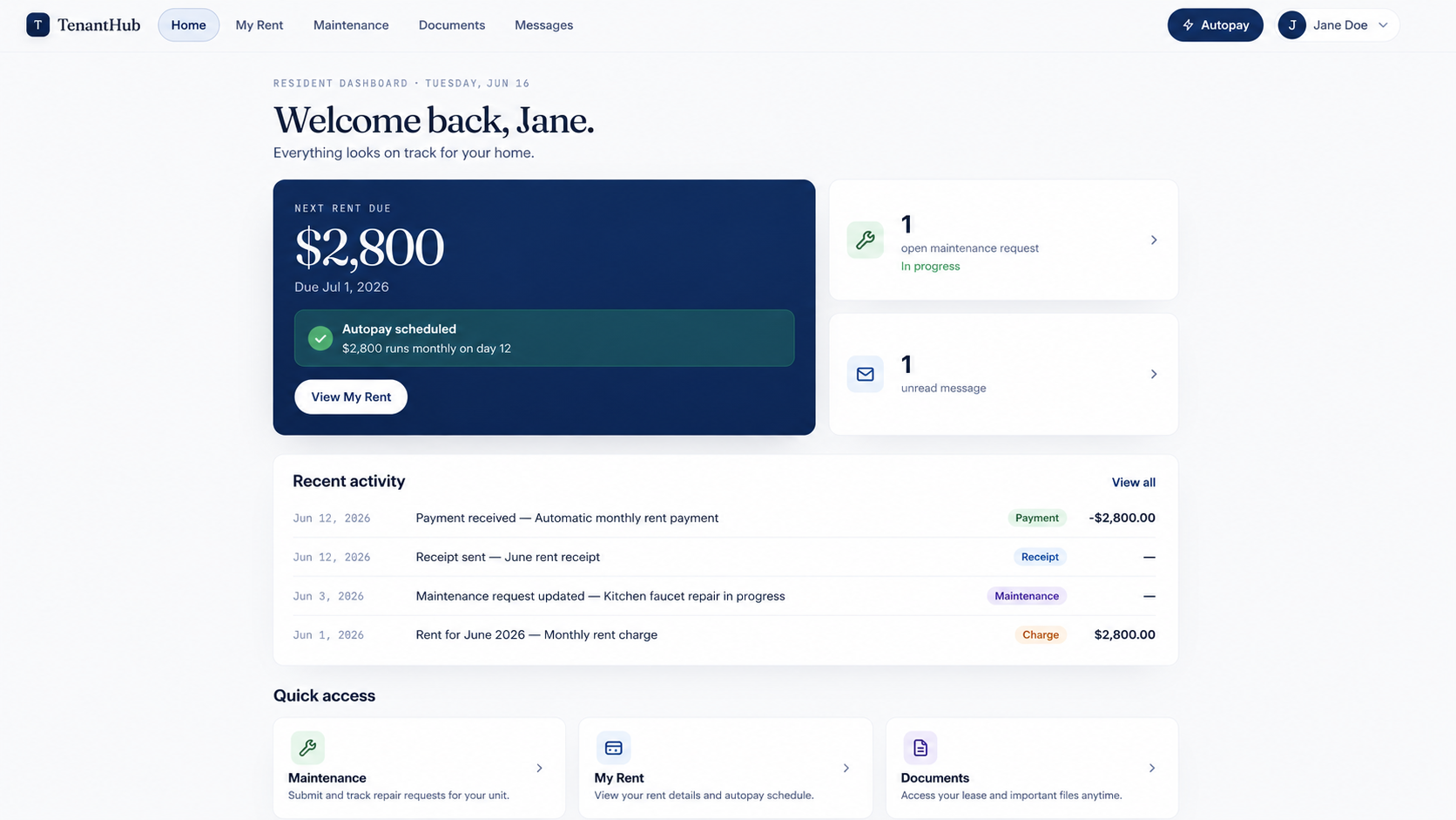 TenantHub tenant payment and reminder screen